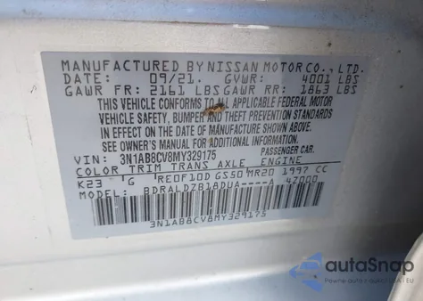 2021 Nissan Sentra Sv Xtronic Cvt from USA, damaged, VIN 3N1AB8CV8MY329175